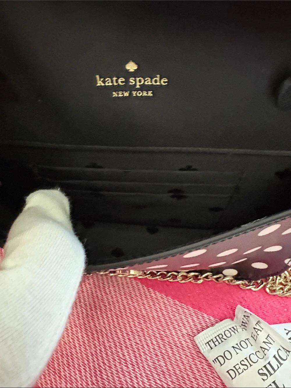 kate spade Black and White Polka Dot Crossbody with Gold Chain